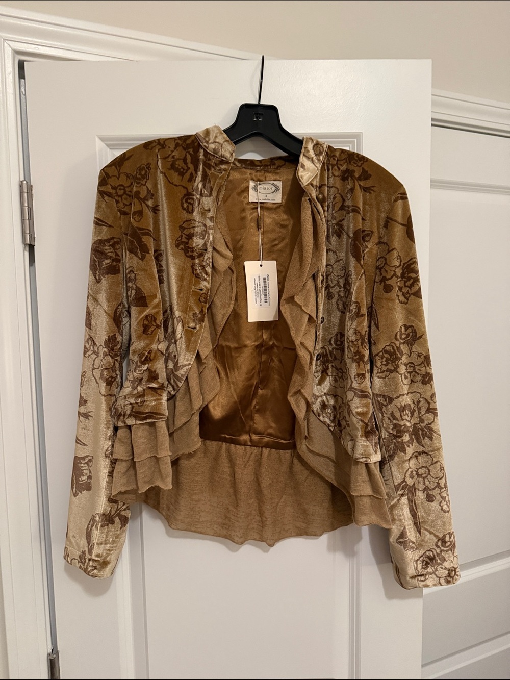 Girls' Brown Velvet Floral Ruffled Jacket